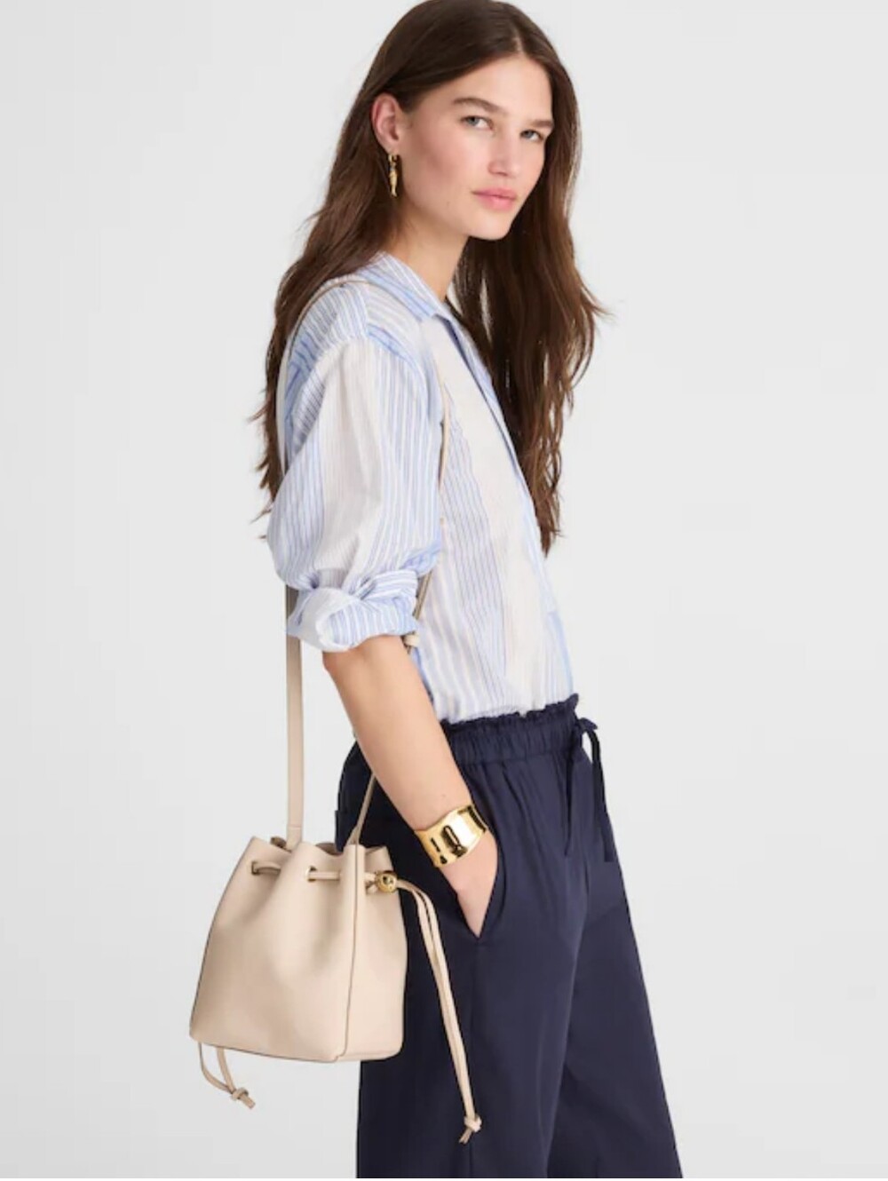 Madewell The Mini Drawstring Crossbody Bucket Bag Purse Beige Gold